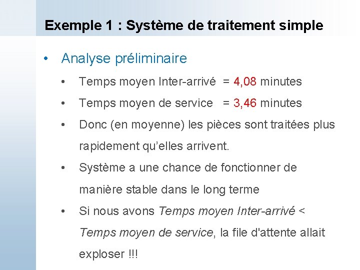 Exemple 1 : Système de traitement simple • Analyse préliminaire • Temps moyen Inter-arrivé