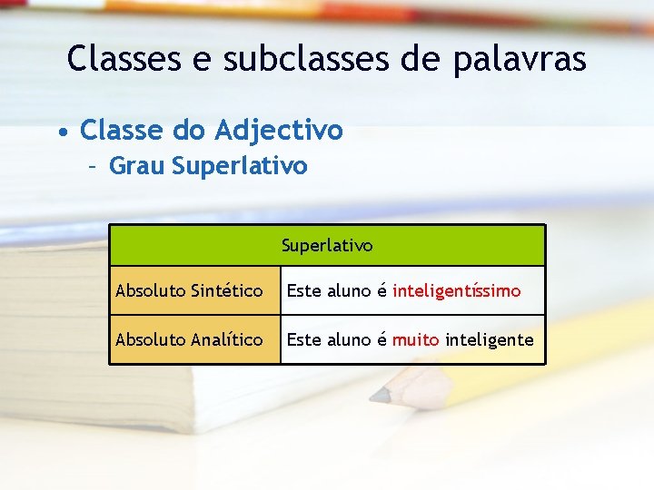 Classes e subclasses de palavras • Classe do Adjectivo – Grau Superlativo Absoluto Sintético