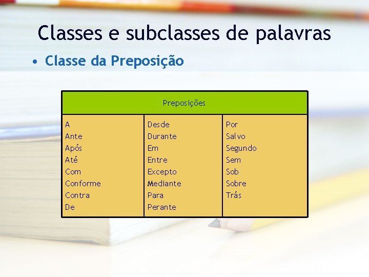 Classes e subclasses de palavras • Classe da Preposição Preposições A Ante Após Até