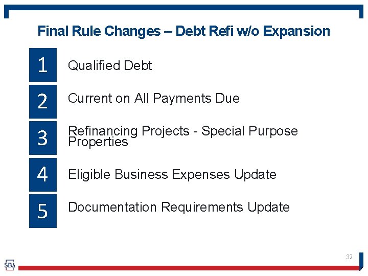 Final Rule Changes – Debt Refi w/o Expansion 1 2 3 4 5 Qualified