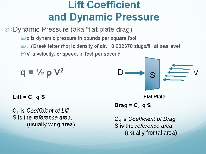 Lift Coefficient and Dynamic Pressure (aka “flat plate drag) q is dynamic pressure in