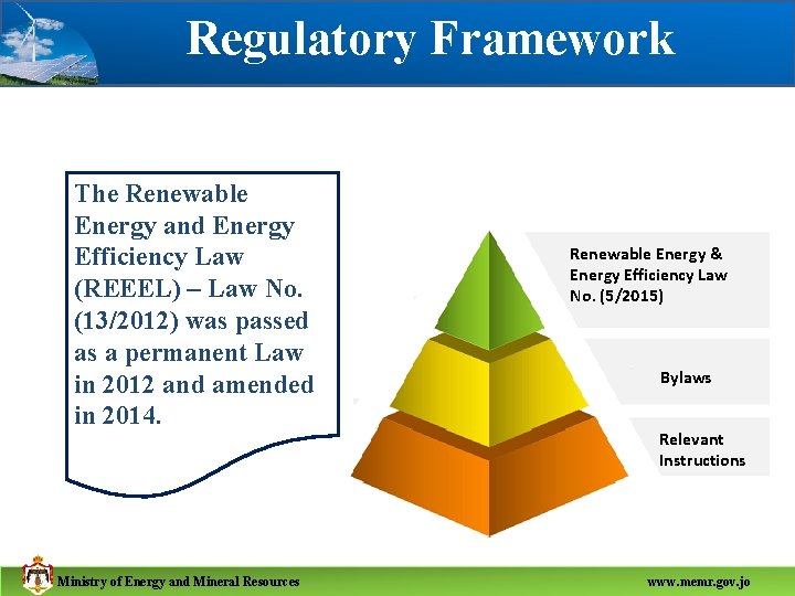 Regulatory Framework The Renewable Energy and Energy Efficiency Law (REEEL) – Law No. (13/2012)