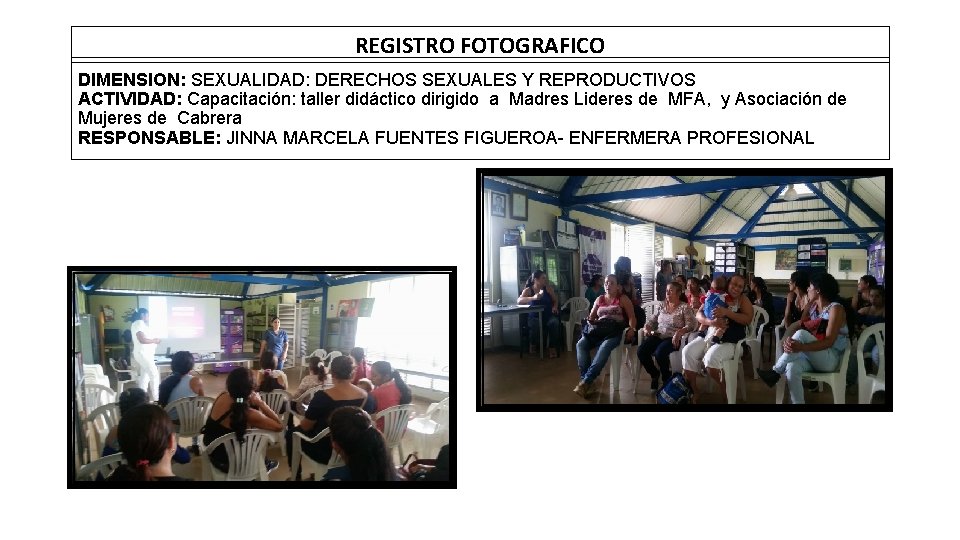 REGISTRO FOTOGRAFICO DIMENSION: SEXUALIDAD: DERECHOS SEXUALES Y REPRODUCTIVOS ACTIVIDAD: Capacitación: taller didáctico dirigido a