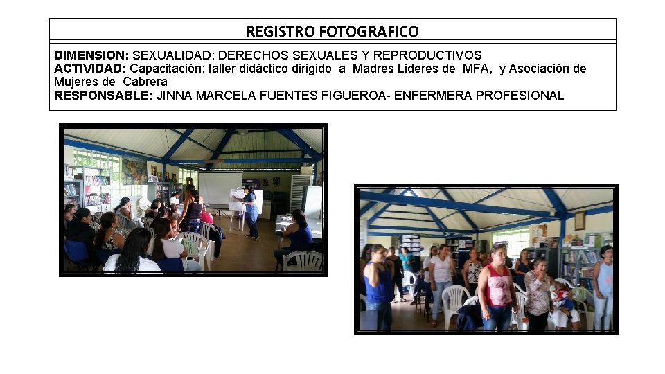 REGISTRO FOTOGRAFICO DIMENSION: SEXUALIDAD: DERECHOS SEXUALES Y REPRODUCTIVOS ACTIVIDAD: Capacitación: taller didáctico dirigido a