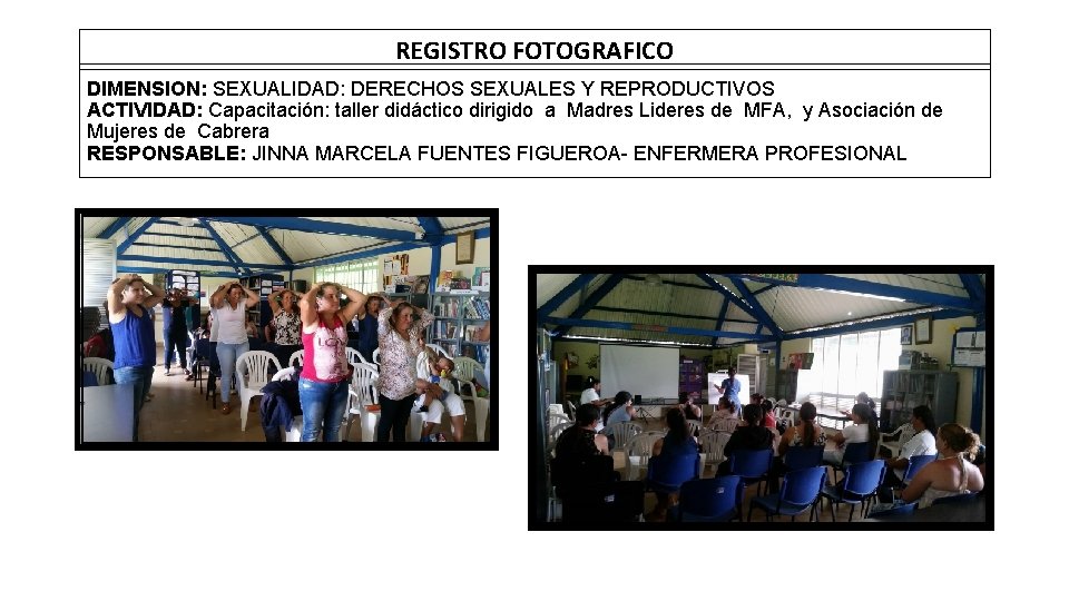 REGISTRO FOTOGRAFICO DIMENSION: SEXUALIDAD: DERECHOS SEXUALES Y REPRODUCTIVOS ACTIVIDAD: Capacitación: taller didáctico dirigido a