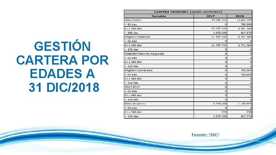 GESTIÓN CARTERA POR EDADES A 31 DIC/2018 Fuente: SIHO 