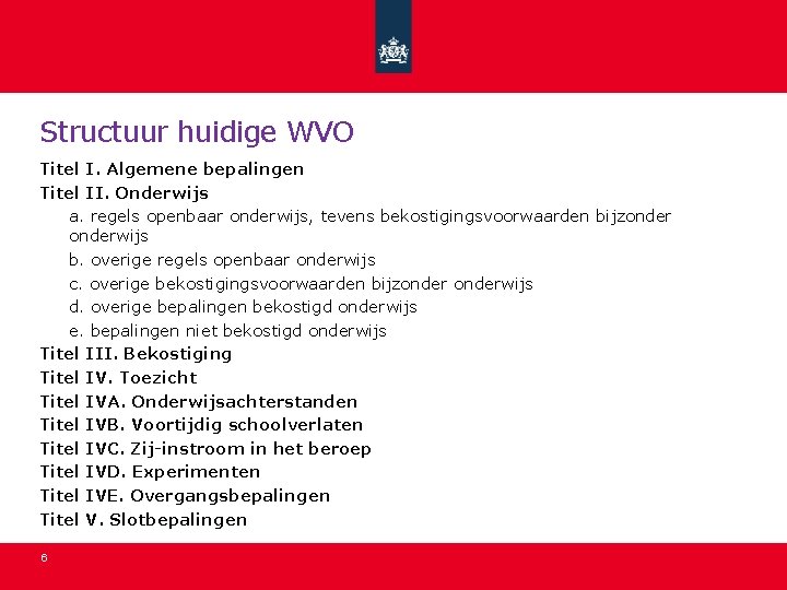 Structuur huidige WVO Titel I. Algemene bepalingen Titel II. Onderwijs a. regels openbaar onderwijs, Structuur huidige WVO Titel I. Algemene bepalingen Titel II. Onderwijs a. regels openbaar onderwijs,