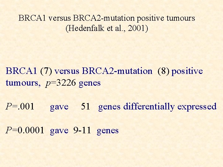 BRCA 1 versus BRCA 2 -mutation positive tumours (Hedenfalk et al. , 2001) BRCA