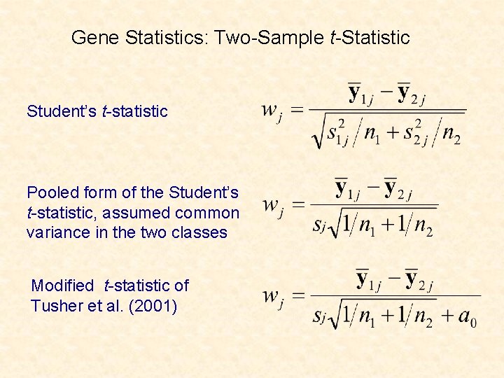 Gene Statistics: Two-Sample t-Statistic Student’s t-statistic Pooled form of the Student’s t-statistic, assumed common