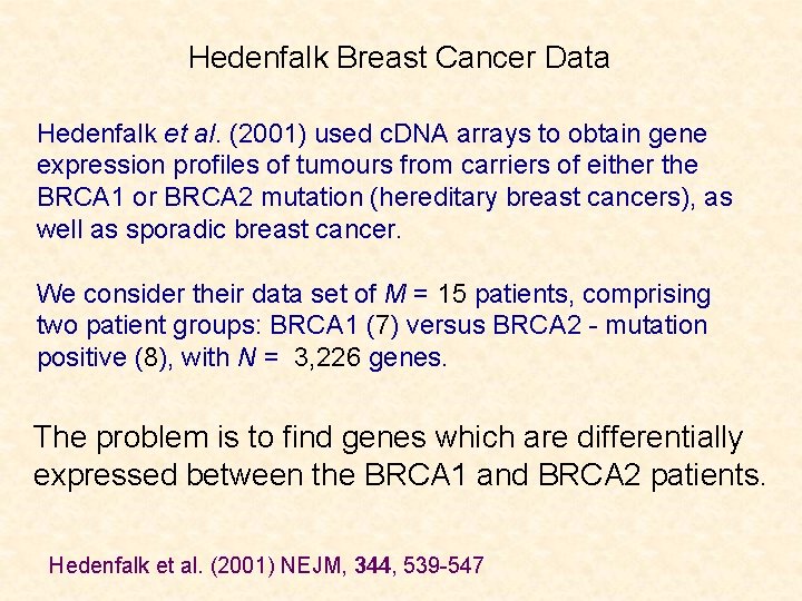 Hedenfalk Breast Cancer Data Hedenfalk et al. (2001) used c. DNA arrays to obtain