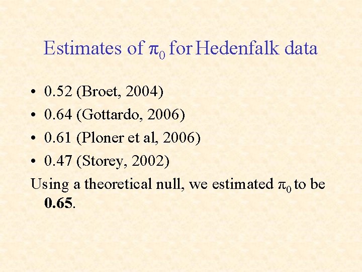 Estimates of π0 for Hedenfalk data • 0. 52 (Broet, 2004) • 0. 64