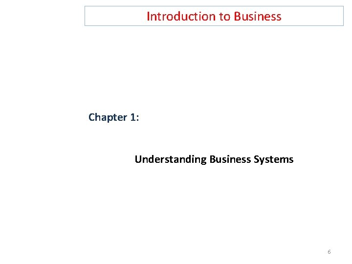 Introduction to Business Chapter 1: Understanding Business Systems 6  Introduction to Business Chapter 1: Understanding Business Systems 6
