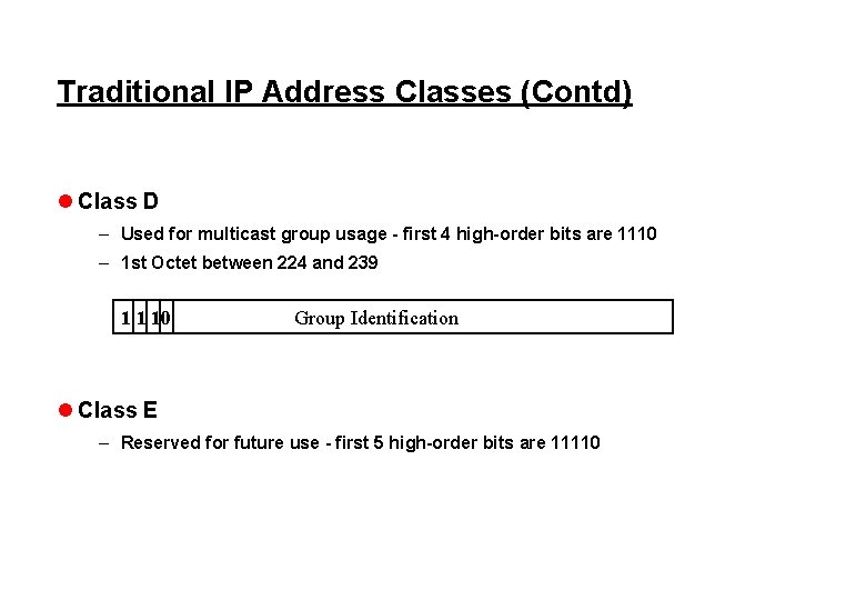 Traditional IP Address Classes (Contd) l Class D – Used for multicast group usage