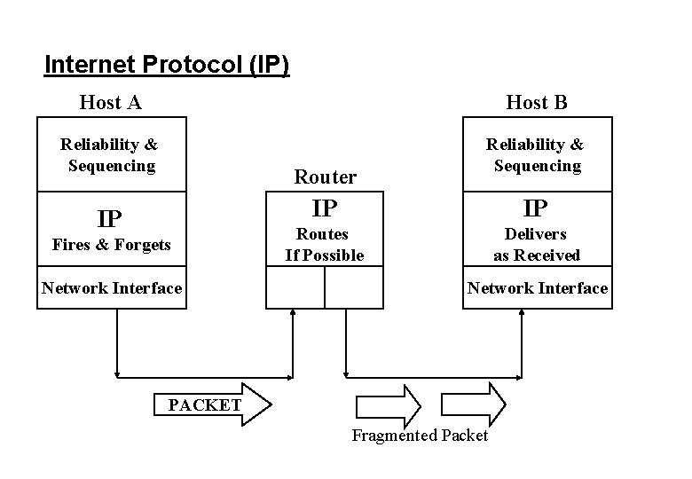 Internet Protocol (IP) Host A Host B Reliability & Sequencing Router IP Fires &