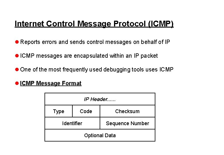 Internet Control Message Protocol (ICMP) l Reports errors and sends control messages on behalf
