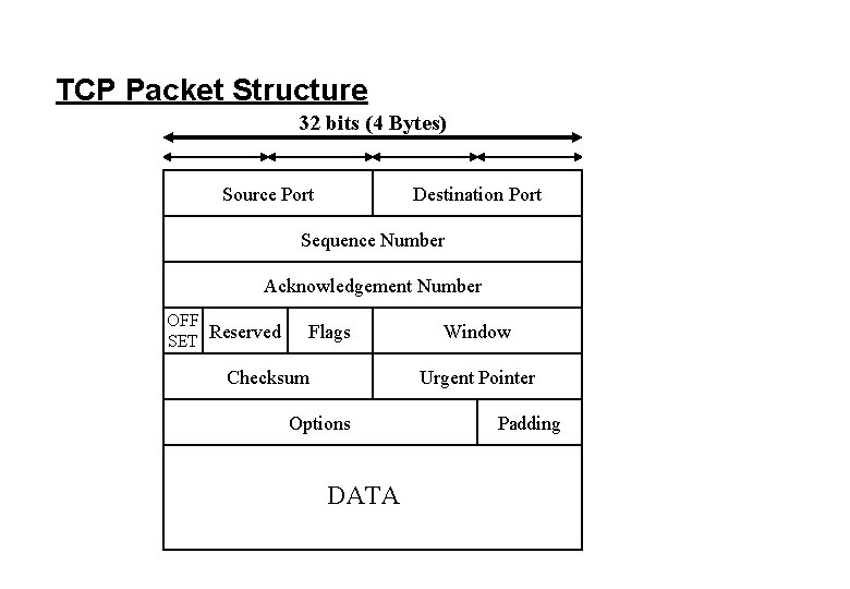 TCP Packet Structure 32 bits (4 Bytes) Source Port Destination Port Sequence Number Acknowledgement