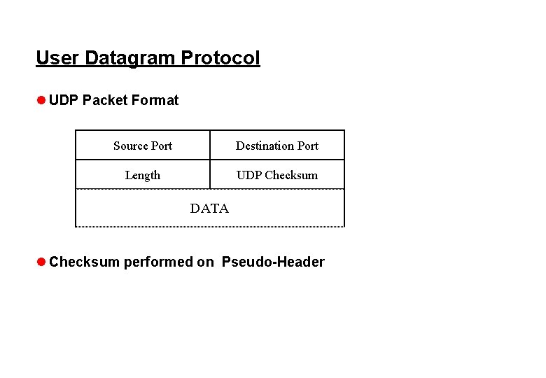 User Datagram Protocol l UDP Packet Format Source Port Destination Port Length UDP Checksum