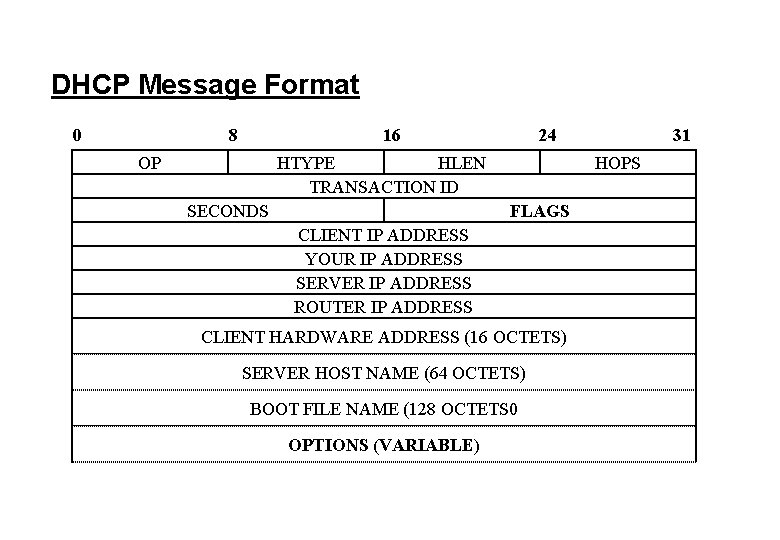 DHCP Message Format 0 8 16 OP 24 HTYPE HLEN TRANSACTION ID SECONDS HOPS