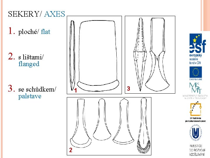 SEKERY/ AXES 1. ploché/ flat 2. s lištami/ flanged 3. se schůdkem/ palstave 1