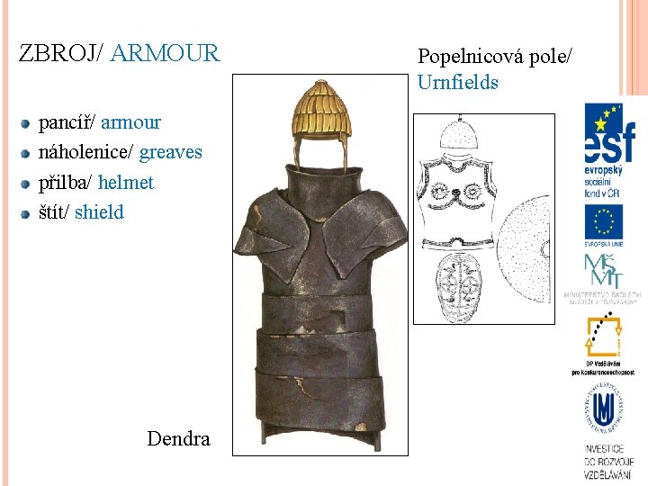 ZBROJ/ ARMOUR pancíř/ armour náholenice/ greaves přilba/ helmet štít/ shield Dendra Popelnicová pole/ Urnfields