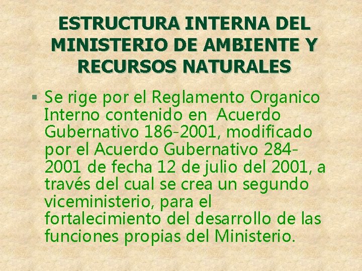 ESTRUCTURA INTERNA DEL MINISTERIO DE AMBIENTE Y RECURSOS NATURALES § Se rige por el