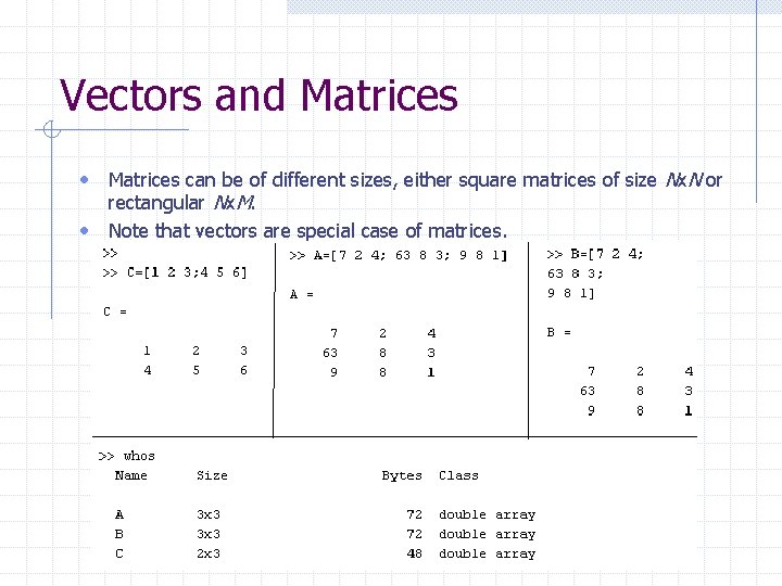 Vectors and Matrices • Matrices can be of different sizes, either square matrices of