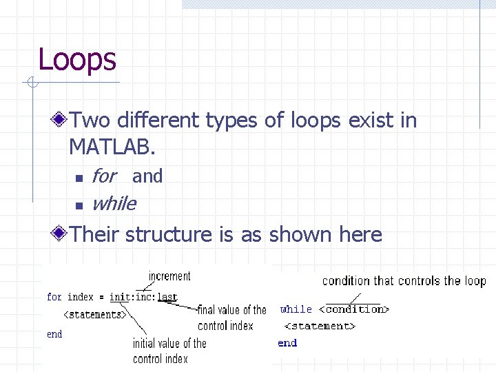 Loops Two different types of loops exist in MATLAB. n n for and while