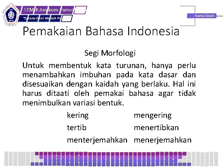 STMIK Amikom Purwokerto “Sarana Pasti Meraih Prestasi” Nama Dosen Pemakaian Bahasa Indonesia Segi Morfologi