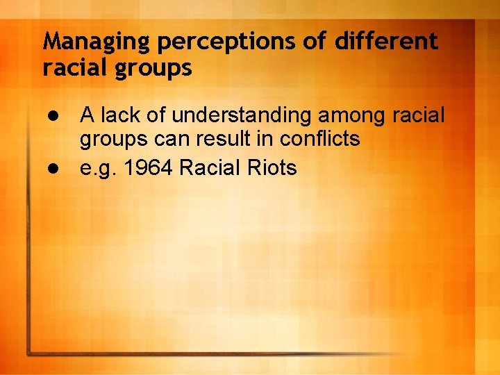 Managing perceptions of different racial groups A lack of understanding among racial groups can