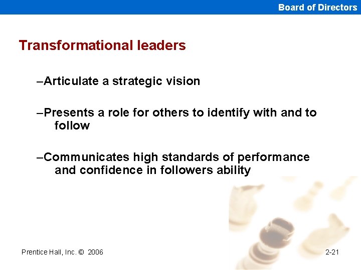 Board of Directors Transformational leaders –Articulate a strategic vision –Presents a role for others