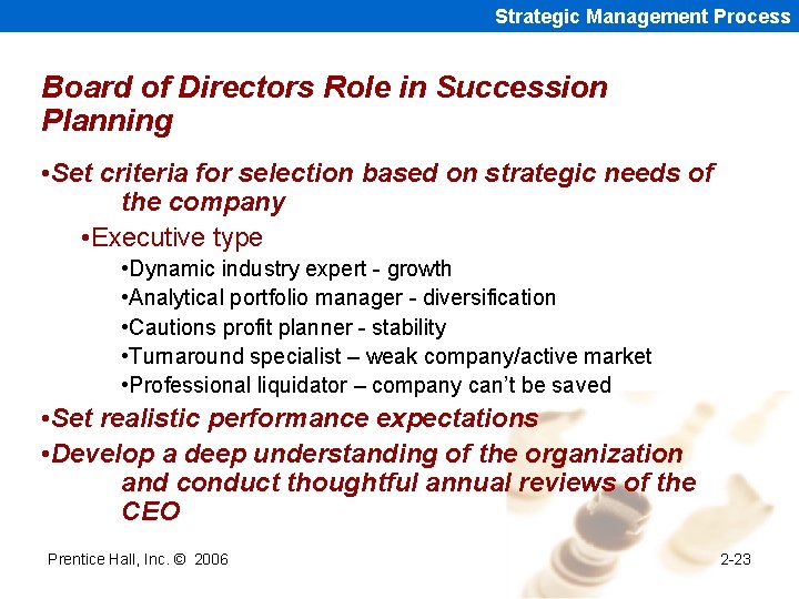 Strategic Management Process Board of Directors Role in Succession Planning • Set criteria for