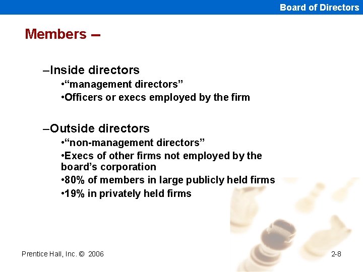 Board of Directors Members -–Inside directors • “management directors” • Officers or execs employed