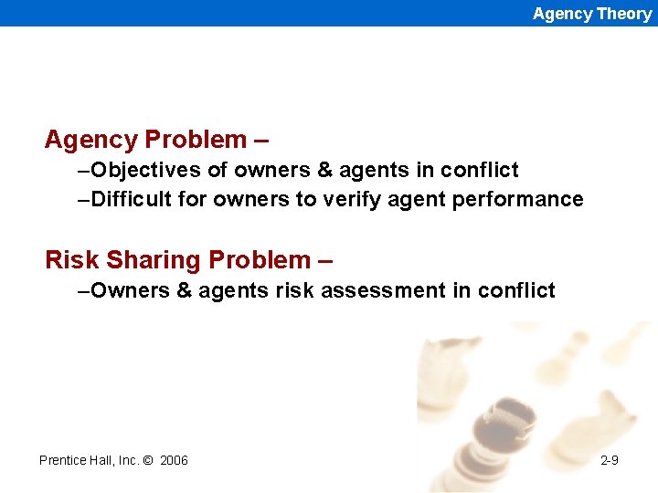 Agency Theory Agency Problem – –Objectives of owners & agents in conflict –Difficult for