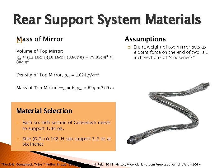 Rear Support System Materials � Assumptions � Entire weight of top mirror acts as