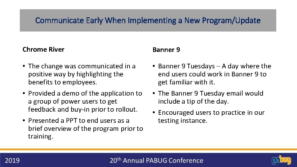 Communicate Early When Implementing a New Program/Update Chrome River Banner 9 • The change Communicate Early When Implementing a New Program/Update Chrome River Banner 9 • The change