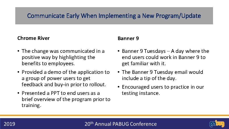 Communicate Early When Implementing a New Program/Update Chrome River Banner 9 • The change