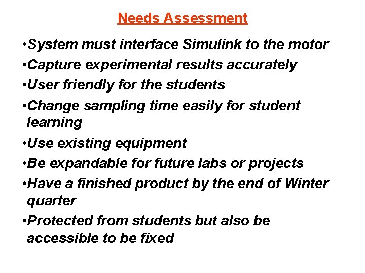 Needs Assessment • System must interface Simulink to the motor • Capture experimental results