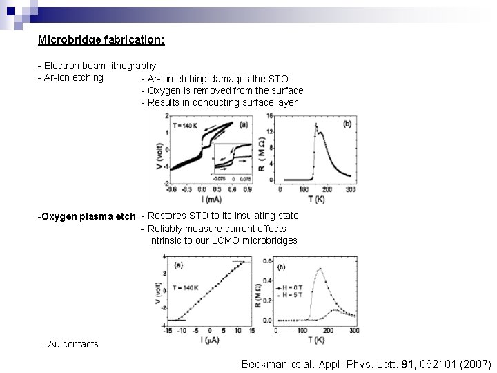 Microbridge fabrication: - Electron beam lithography - Ar-ion etching damages the STO - Oxygen