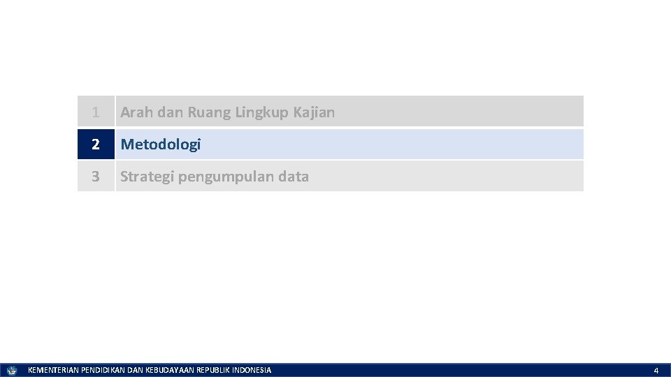 1 Arah dan Ruang Lingkup Kajian 2 Metodologi 3 Strategi pengumpulan data KEMENTERIAN PENDIDIKAN