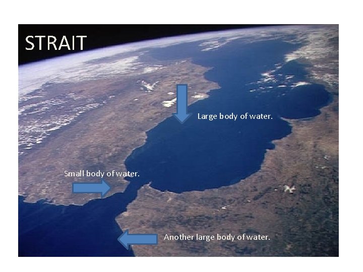 STRAIT Large body of water. Small body of water. Another large body of water.