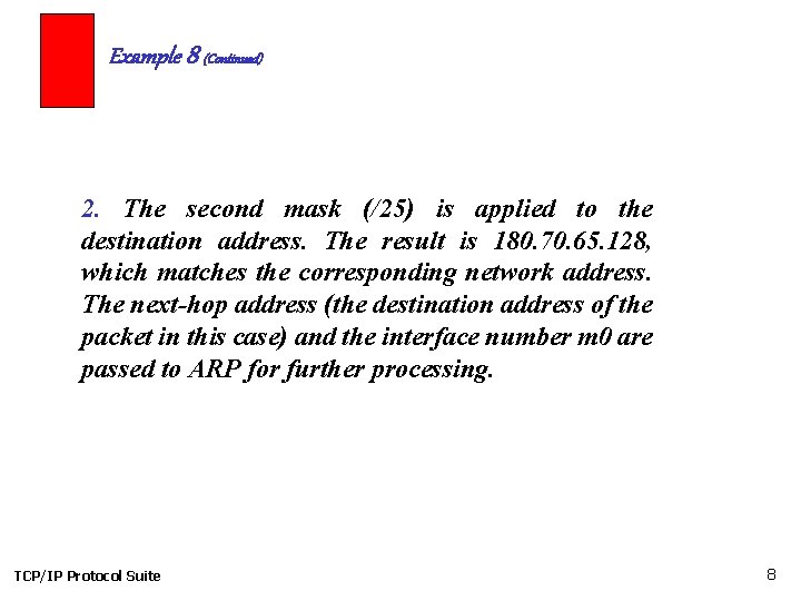 Example 8 (Continued) 2. The second mask (/25) is applied to the destination address.