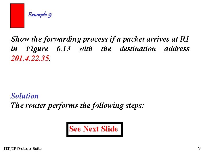 Example 9 Show the forwarding process if a packet arrives at R 1 in