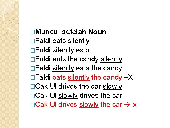 �Muncul setelah Noun �Faldi eats silently �Faldi silently eats �Faldi eats the candy silently