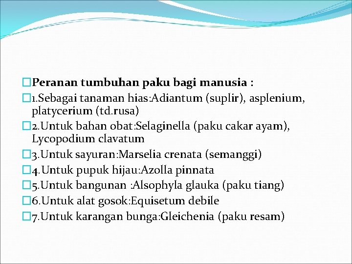 �Peranan tumbuhan paku bagi manusia : � 1. Sebagai tanaman hias: Adiantum (suplir), asplenium,