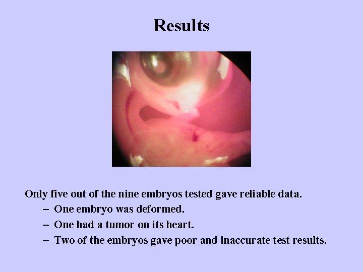 Results Only five out of the nine embryos tested gave reliable data. – One