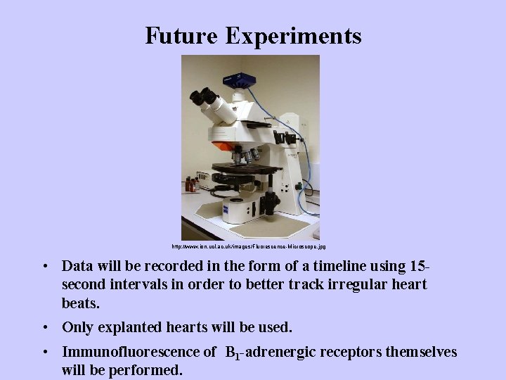 Future Experiments http: //www. ion. ucl. ac. uk/images/Fluorescence-Microscope. jpg • Data will be recorded