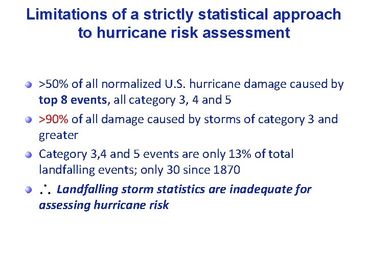 Limitations of a strictly statistical approach to hurricane risk assessment >50% of all normalized