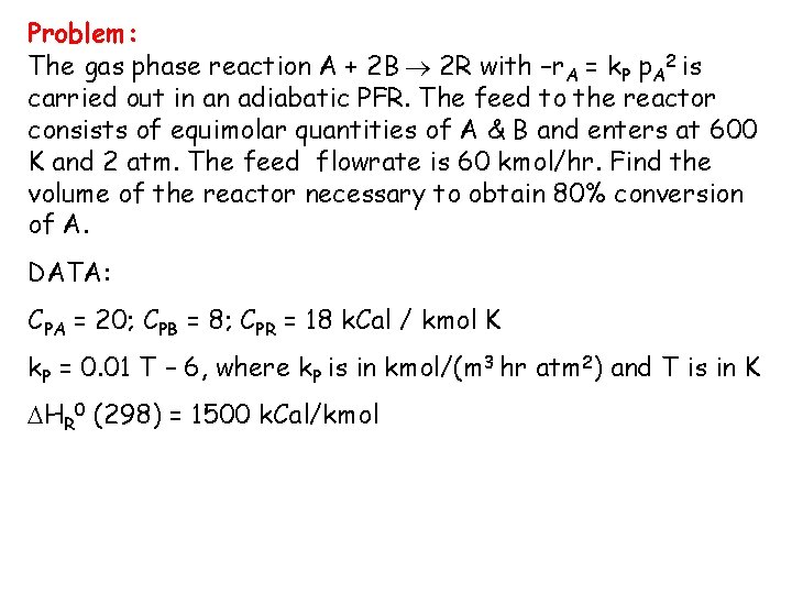 Problem: The gas phase reaction A + 2 B 2 R with –r. A