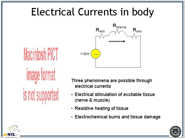 Electrical Currents in body Rskin Vstim Rinternal Rskin ~ Three phenomena are possible through