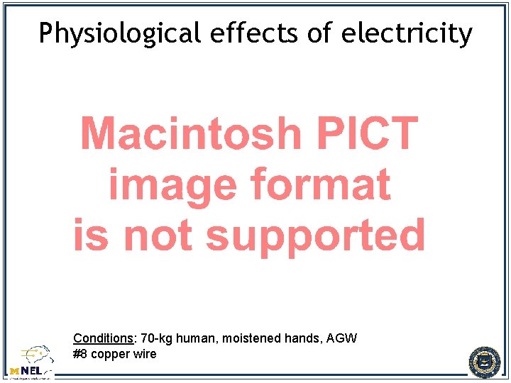 Physiological effects of electricity Conditions: 70 -kg human, moistened hands, AGW #8 copper wire